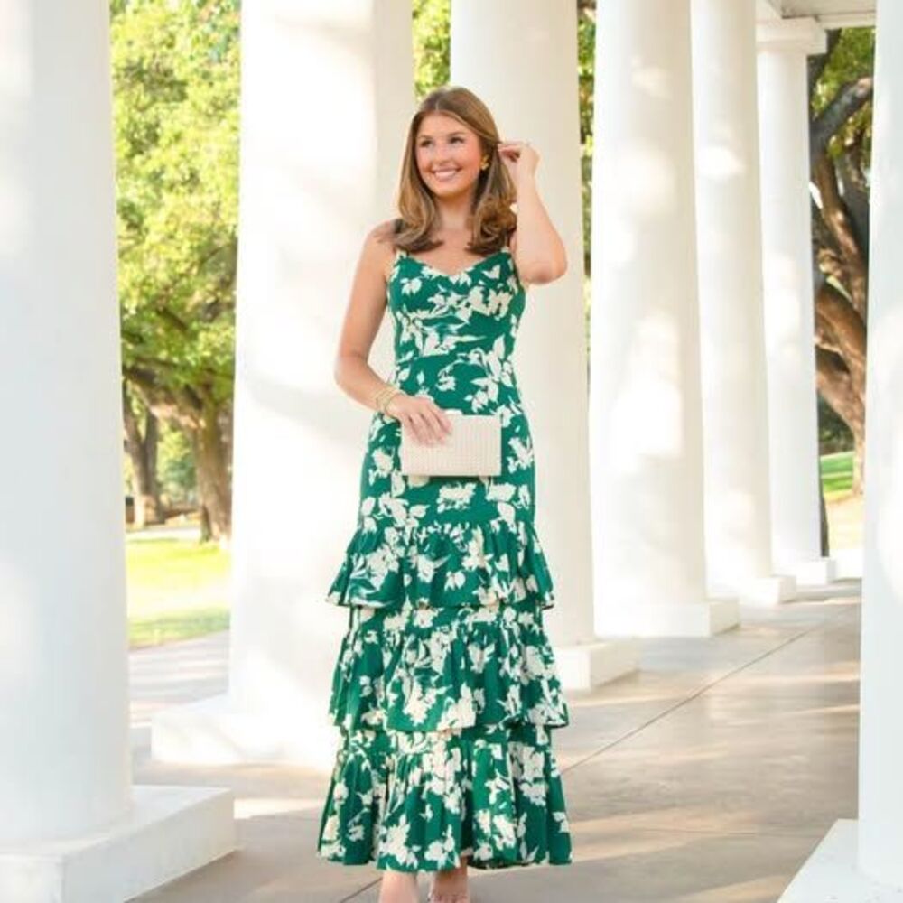 Abercrombie Ruffle Tiered Maxi Dress Size XS Floral Green Spring Wedding